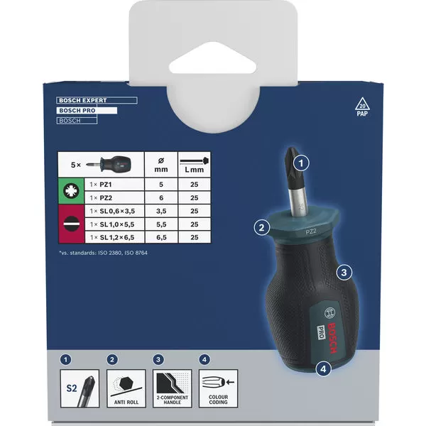 Sada krátkých šroubováků PZ/SL, 5 ks Bosch PRO